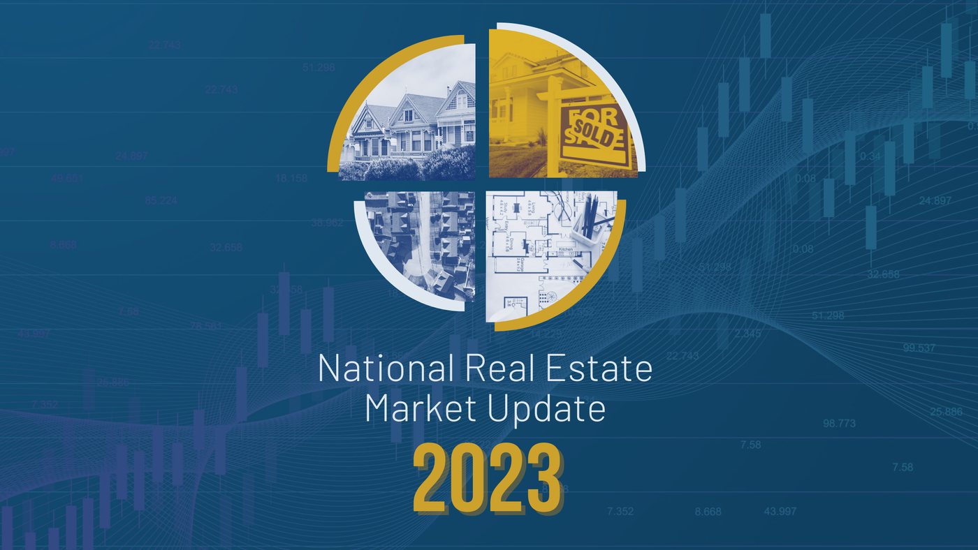 National Real Estate Market Update 2023, over house illustrations and a for-sale sign