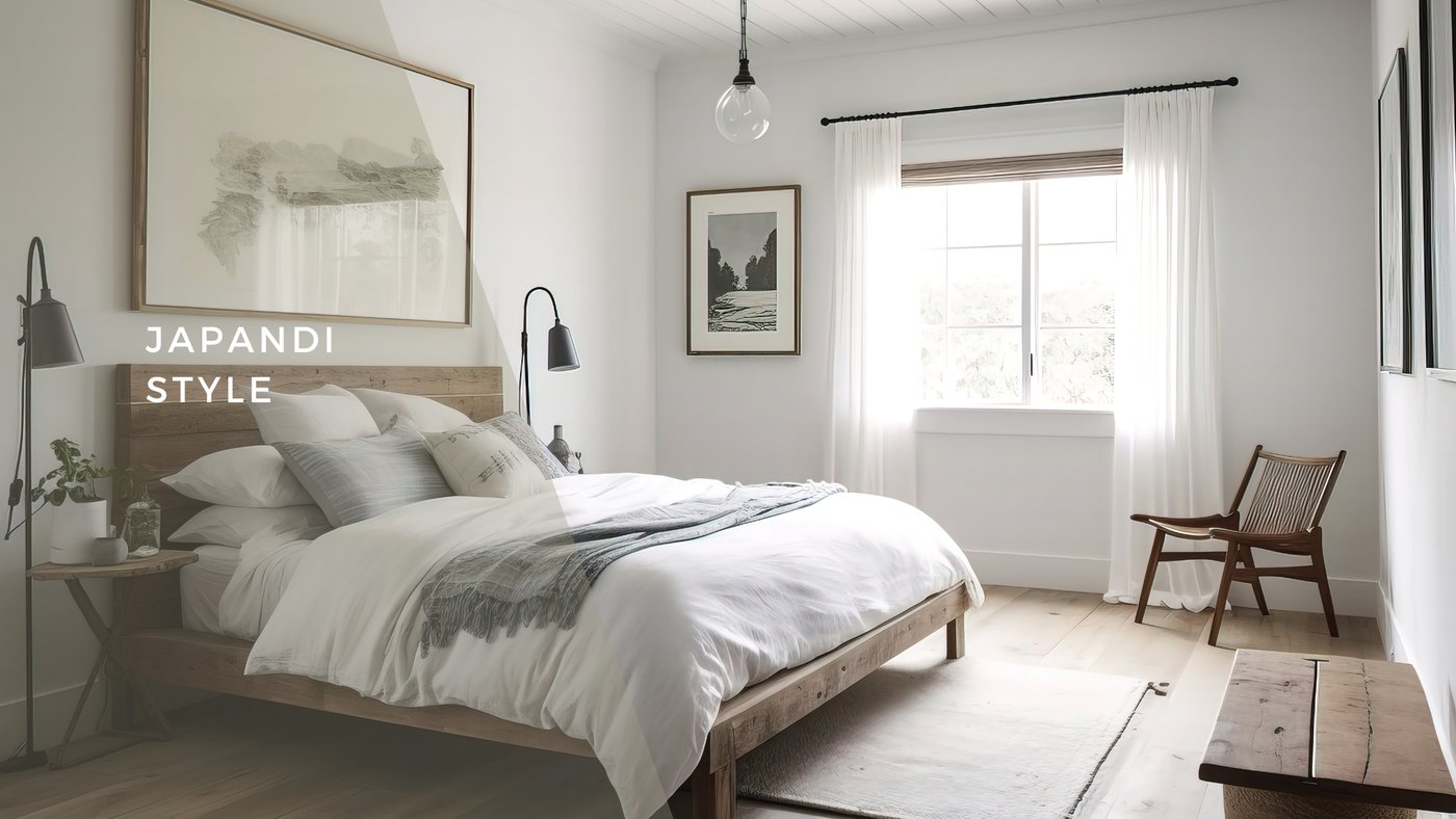 Japandi style bedroom in soft neutrals with linen bedding and a low wooden bench