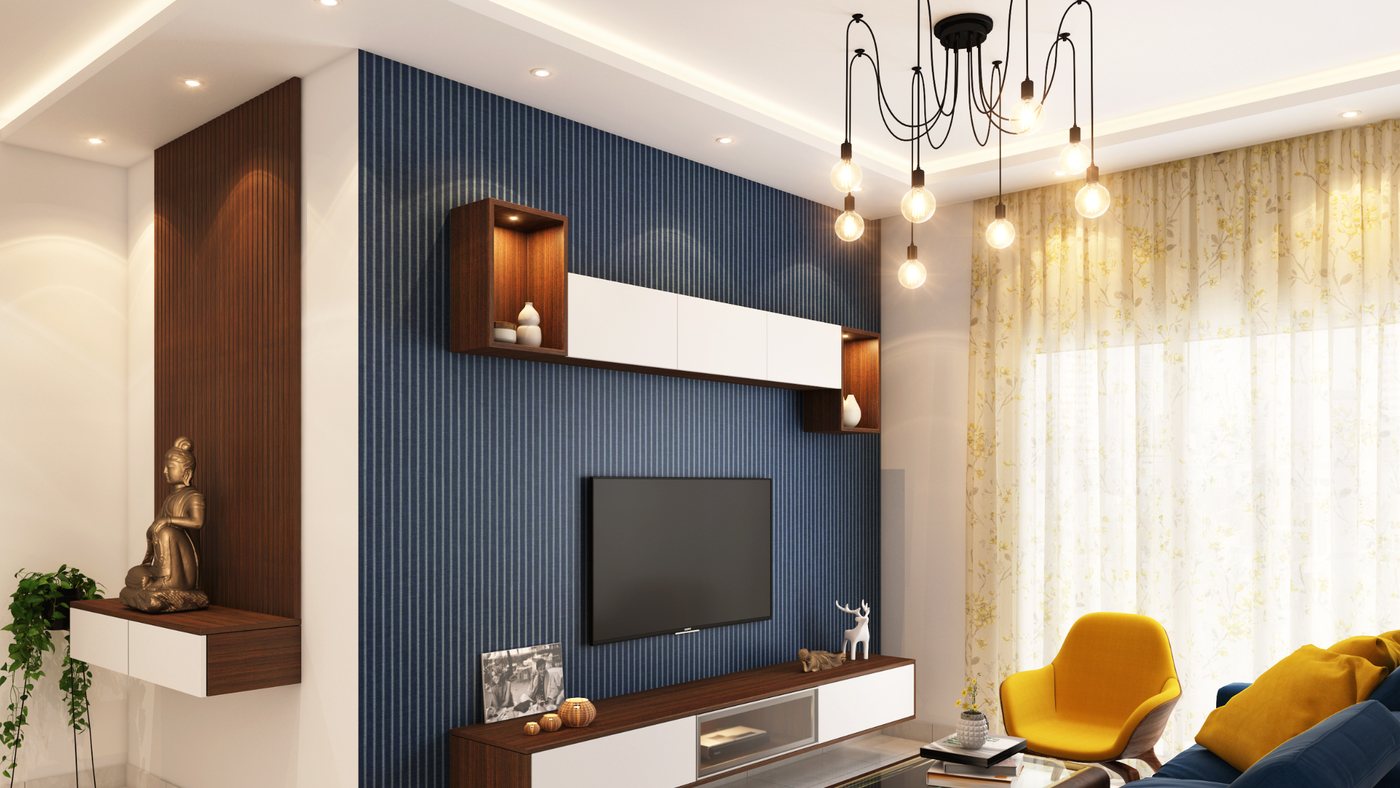 Living room with a navy slatted feature wall, floating cabinetry and a cluster of pendant lights