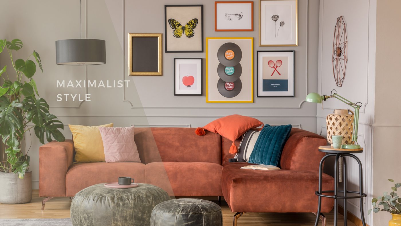 Maximalist living room with a rust velvet sofa and a densely hung gallery wall