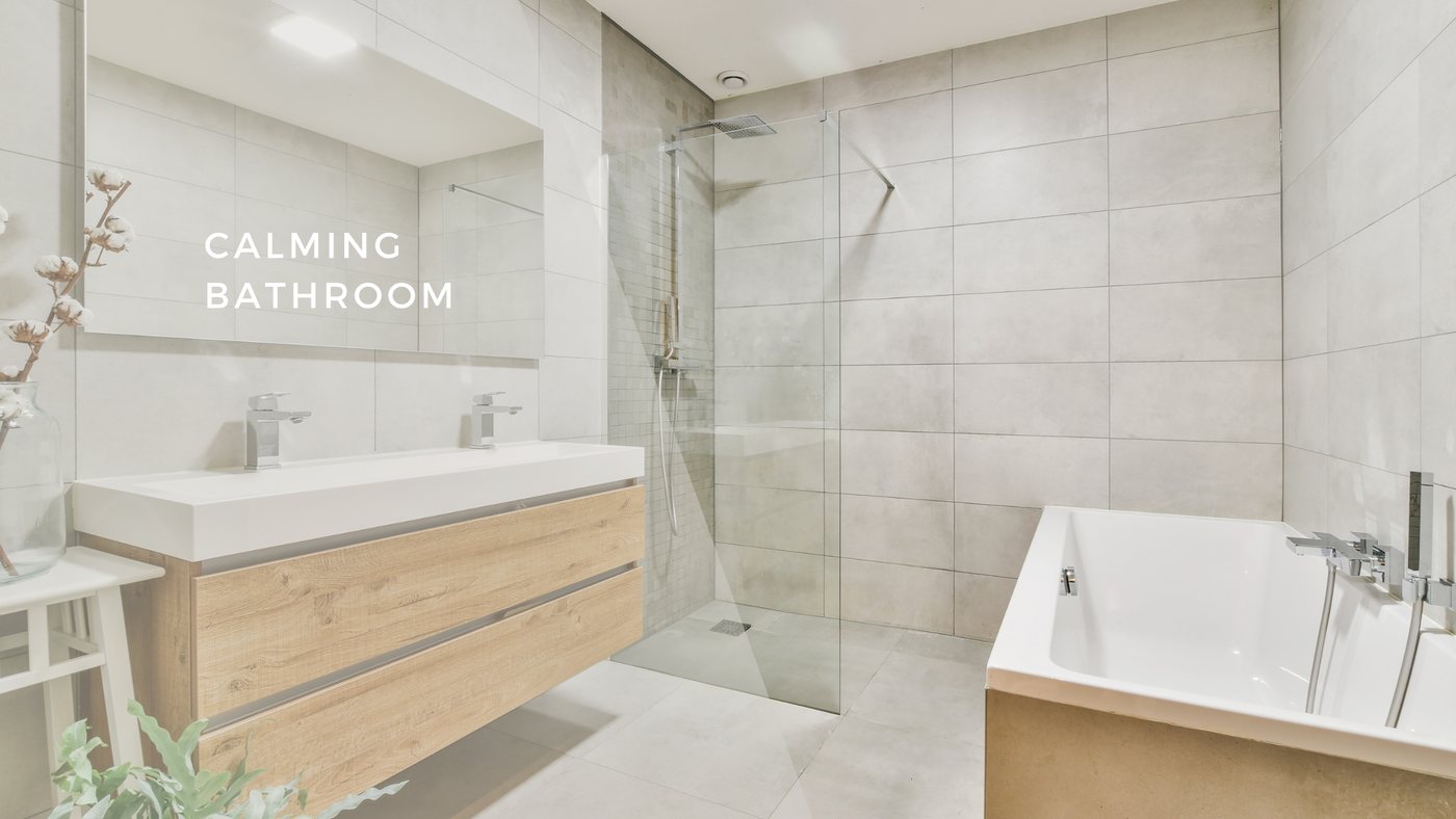 Calming spa bathroom with a floating wood vanity, walk-in shower and freestanding tub